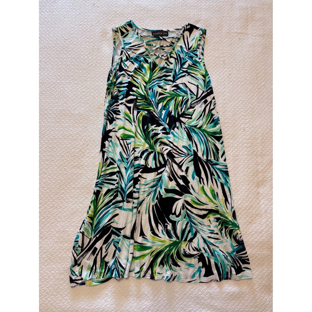Harper 241 Tropical Palm Leaf Print Lattice V-Neck Sleeveless A-Line Dress Small